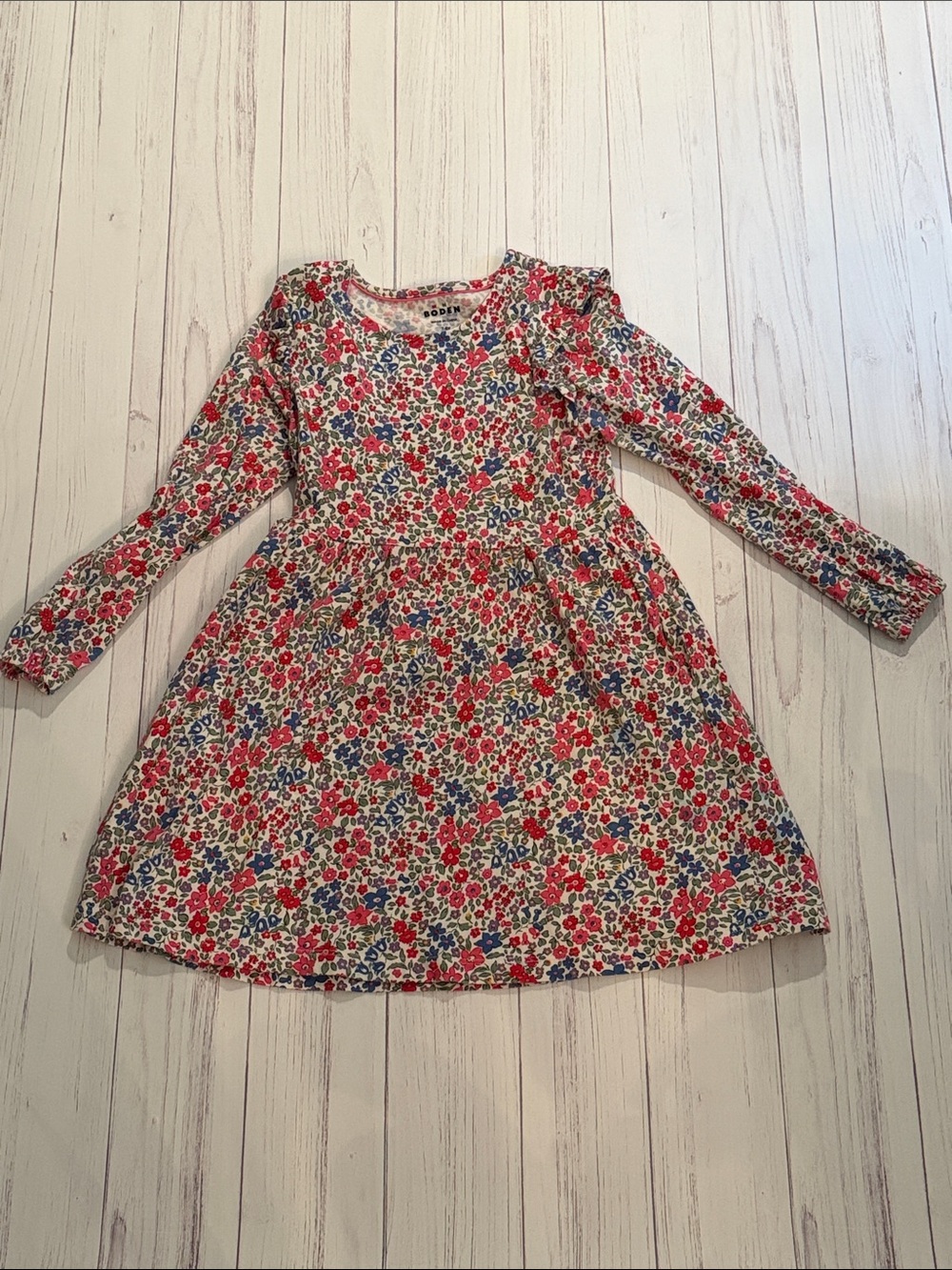 Girls Floral Long-Sleeve Dress - Red & Blue Floral